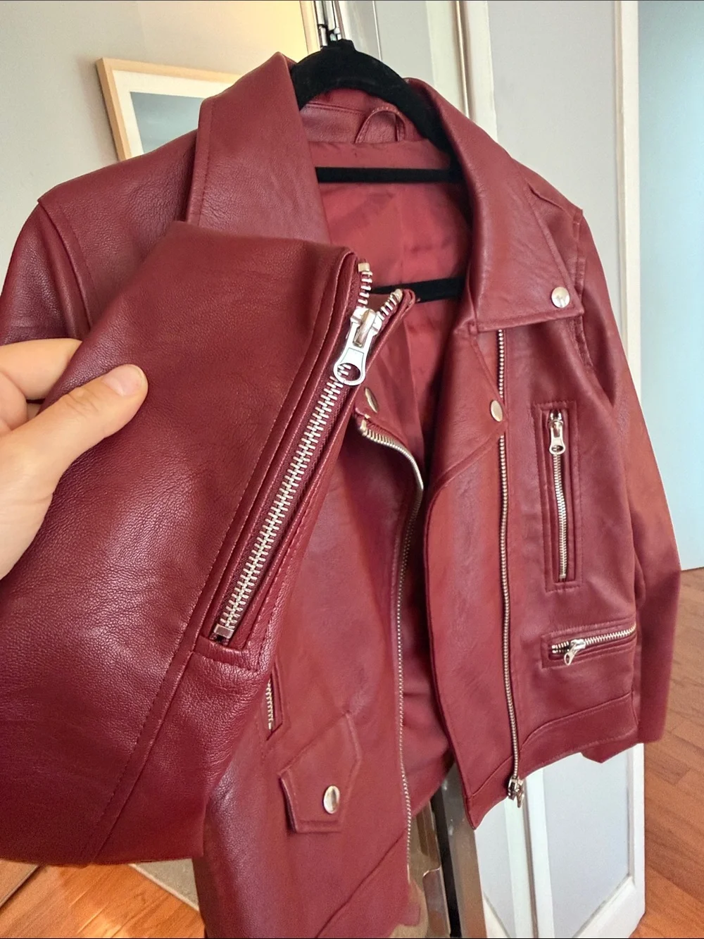 Women’s Red Faux Leather Moto Jacket